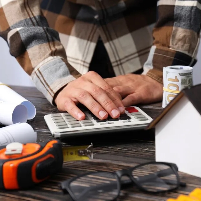 Person using calculator with construction tools nearby.